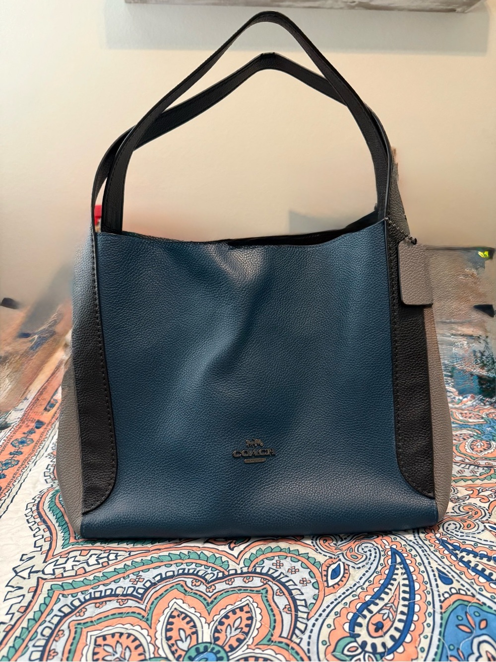 Coach Two-Tone Pebbled Leather Shoulder Tote in Blue and Gray